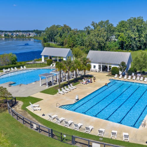 Two pools overlooking lake
